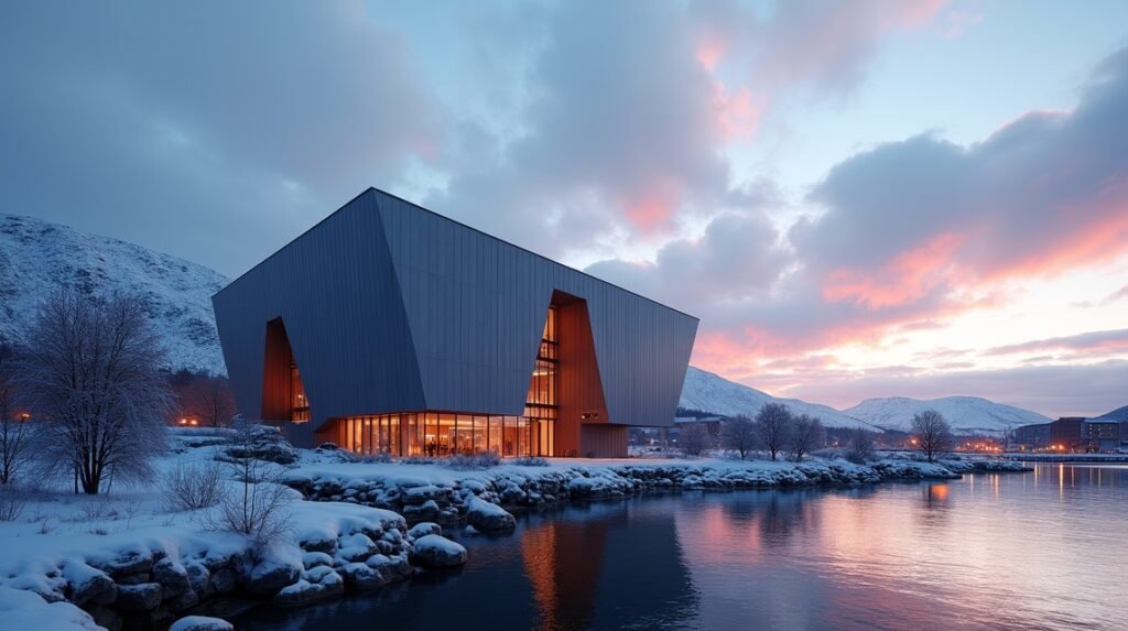 Stormen Könyvtár és Koncertterem Bodøban, Norvégiában, lenyűgöző kilátással a fjordra.