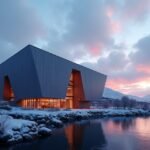 Stormen Könyvtár és Koncertterem Bodøban, Norvégiában, lenyűgöző kilátással a fjordra.