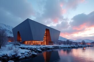 Stormen Könyvtár és Koncertterem Bodøban, Norvégiában, lenyűgöző kilátással a fjordra.