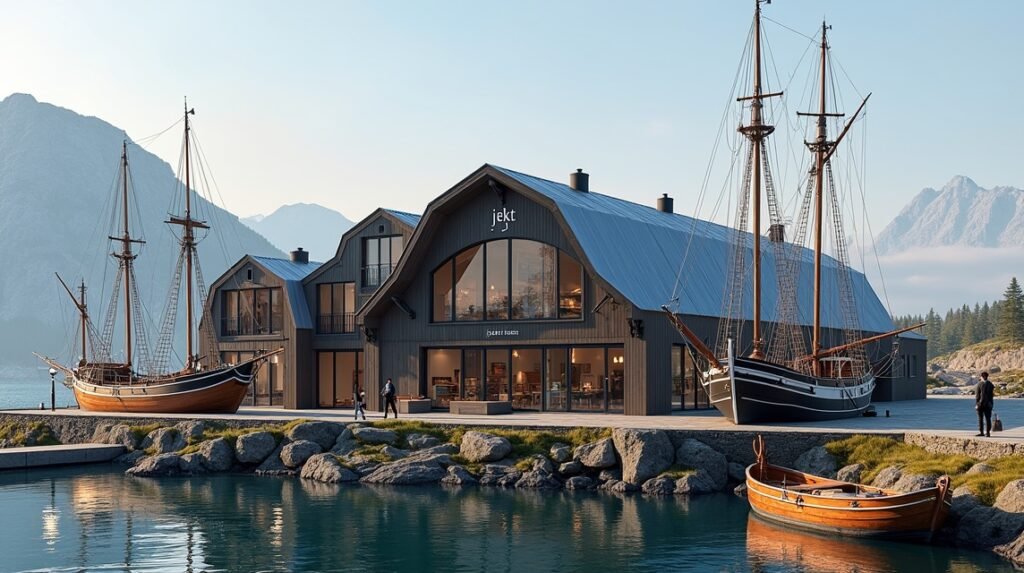 A Jekt Trade Museum külső nézete Bodøban, látható vitorlásokkal.