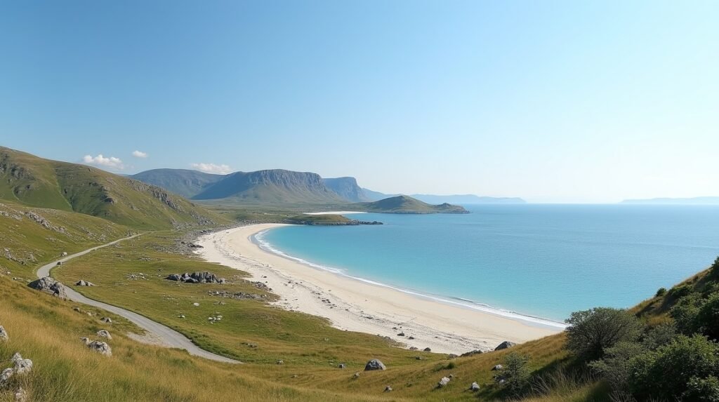 Hovdsundet strand Bodø teraszról nézve; zöld dombok, türkiz víz