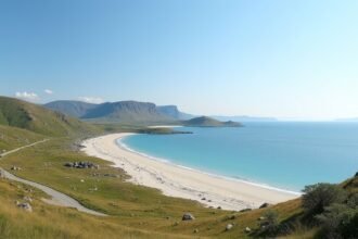 Hovdsundet strand Bodø teraszról nézve; zöld dombok, türkiz víz