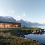 A modern épület a fjord mellett Bodøban, Norvégiában.