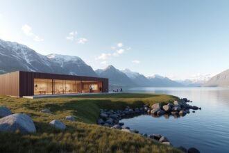 A modern épület a fjord mellett Bodøban, Norvégiában.