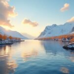 Bodø festői táj, napsütés és hegyek Norvégiában.