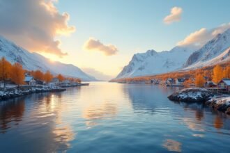 Bodø festői táj, napsütés és hegyek Norvégiában.