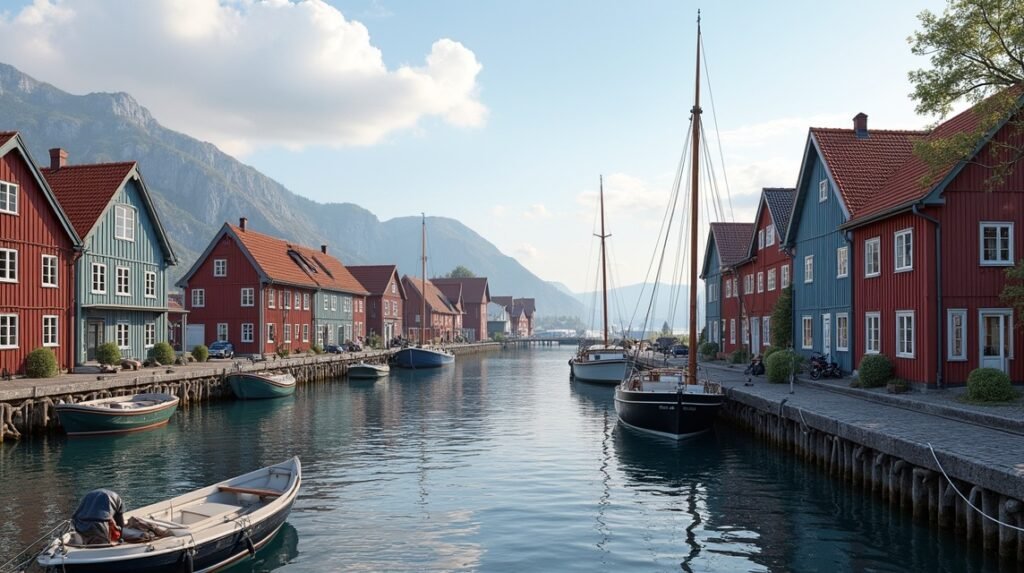 Tyholmen régi városrész színes faházai Arendalban, Norvégiában.