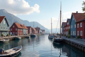 Tyholmen régi városrész színes faházai Arendalban, Norvégiában.