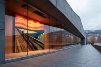 Munch Múzeum kültéri nézet, háttérben a Sikoly festmény