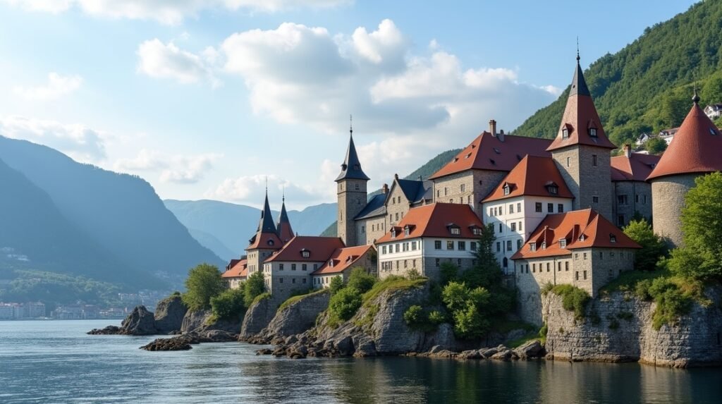 A Bergenhus erőd lenyűgöző kilátása Norvégiában, a fjord mellett.