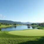 Panoráma az Arendal és Omegn Golfklubról, zöld fairway-ekkel és tóval.