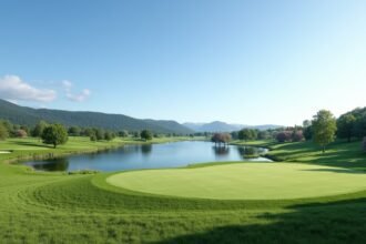 Panoráma az Arendal és Omegn Golfklubról, zöld fairway-ekkel és tóval.