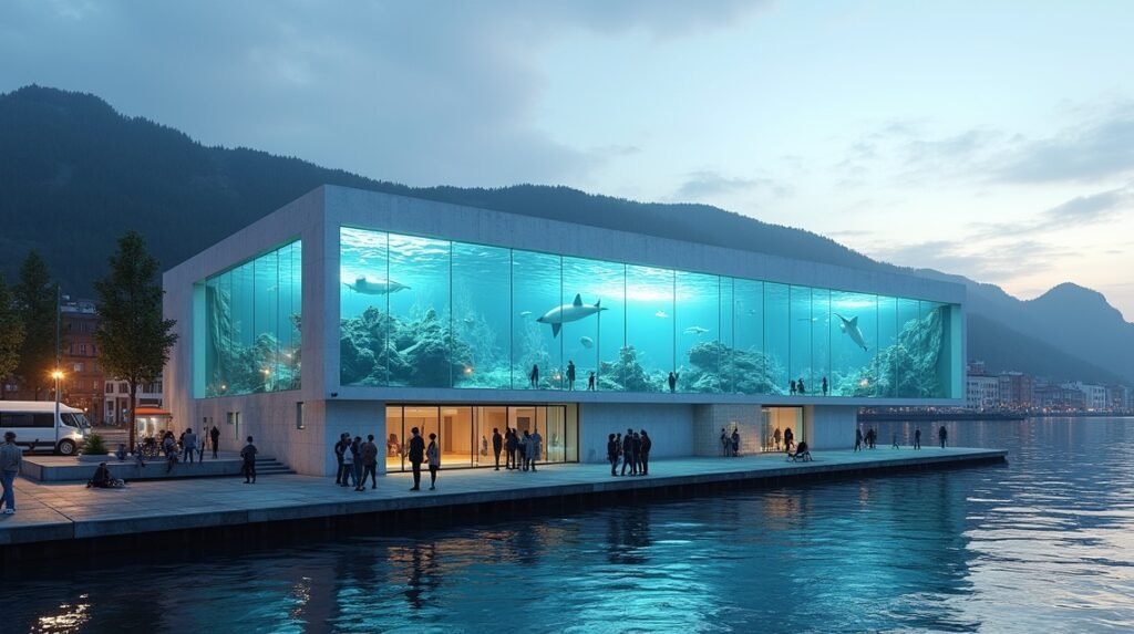 A Bergen Akvárium modern épülete, élővilággal és látogatókkal.