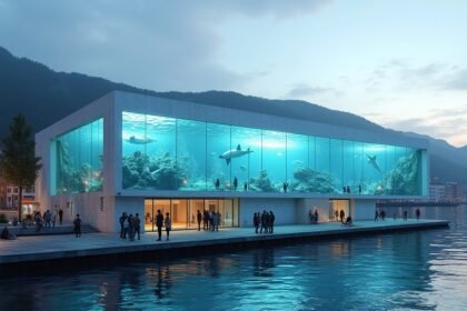A Bergen Akvárium modern épülete, élővilággal és látogatókkal.