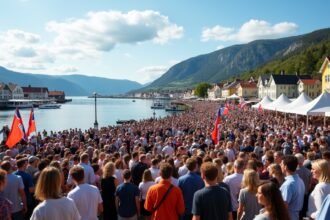 Tömeg résztvevők Arendalban az Arendalsukán, Norvégia