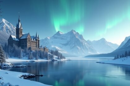 Arendelle kastély havas tájjal és északi fényekkel Norvégiában