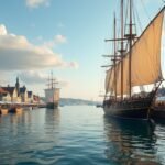 Vitorlás hajók Arendal kikötőjében Norvégiában, tavaszi napfény alatt.