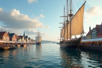 Vitorlás hajók Arendal kikötőjében Norvégiában, tavaszi napfény alatt.