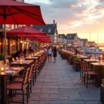 Halétterem a Pollen partján Arendalban naplementében