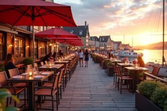 Halétterem a Pollen partján Arendalban naplementében