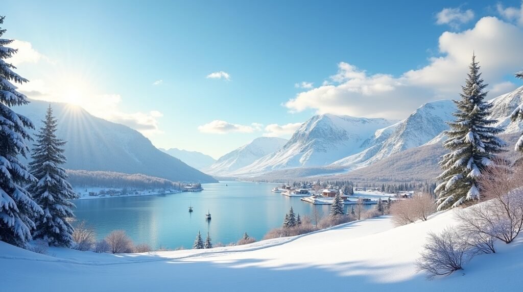 Tél Arendalban - hóval borított táj és nyugodt vízpart