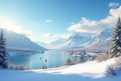 Tél Arendalban - hóval borított táj és nyugodt vízpart