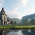 A Hamar-i Domkirkeodden középkori romjai és az Üvegkatedrális modern épülete.