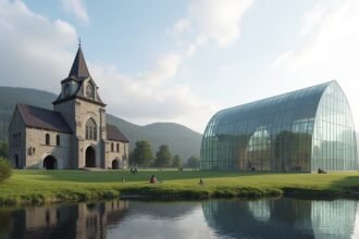 A Hamar-i Domkirkeodden középkori romjai és az Üvegkatedrális modern épülete.