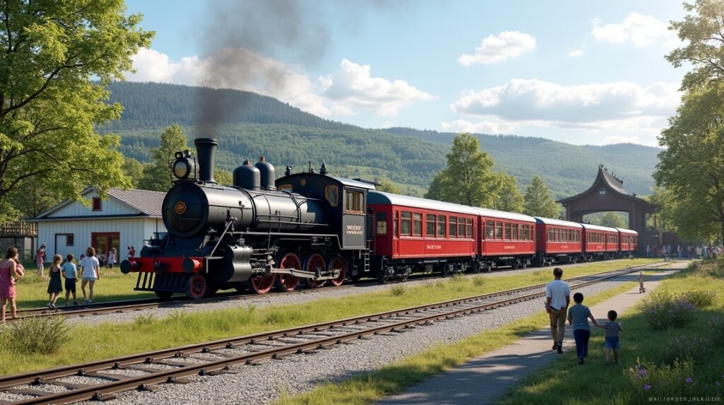 Gőzmozdony és piros vonat a Norvég Vasúti Múzeumban Hamarban.