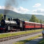 Gőzmozdony és piros vonat a Norvég Vasúti Múzeumban Hamarban.