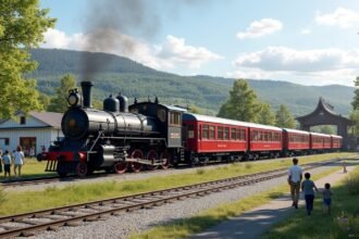 Gőzmozdony és piros vonat a Norvég Vasúti Múzeumban Hamarban.