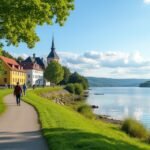 Séta a Mjøsa-tó partján, Hamar városában, nyugodt tájban.