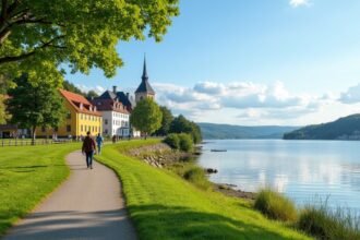 Séta a Mjøsa-tó partján, Hamar városában, nyugodt tájban.