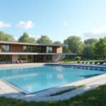 Ankerskogen uszoda nyári nap, medencével és zöld parkkal