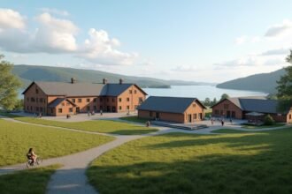 Hedmark Múzeum a gyönyörű tájban, látogatók a részletek felfedezésére.