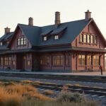 Hamar történelmi vasútállomás festői kilátással a naplementében.