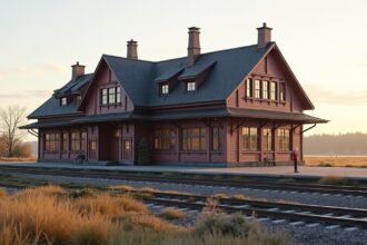 Hamar történelmi vasútállomás festői kilátással a naplementében.