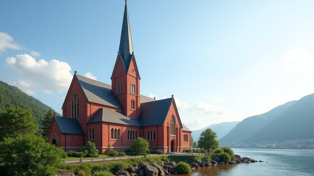 Szent János-templom, Bergen városában, Norvégiában, gyönyörű tájban.