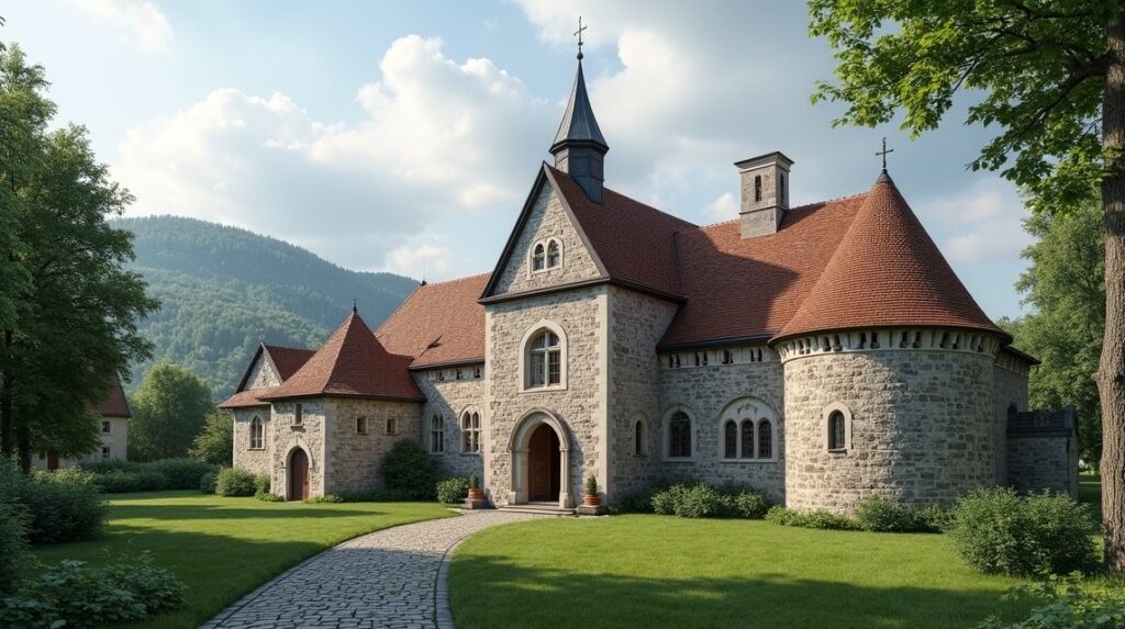 Középkori püspöki székhely épülete zöld környezetben.