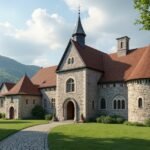 Középkori püspöki székhely épülete zöld környezetben.