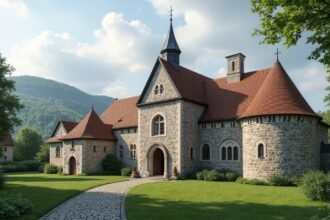 Középkori püspöki székhely épülete zöld környezetben.