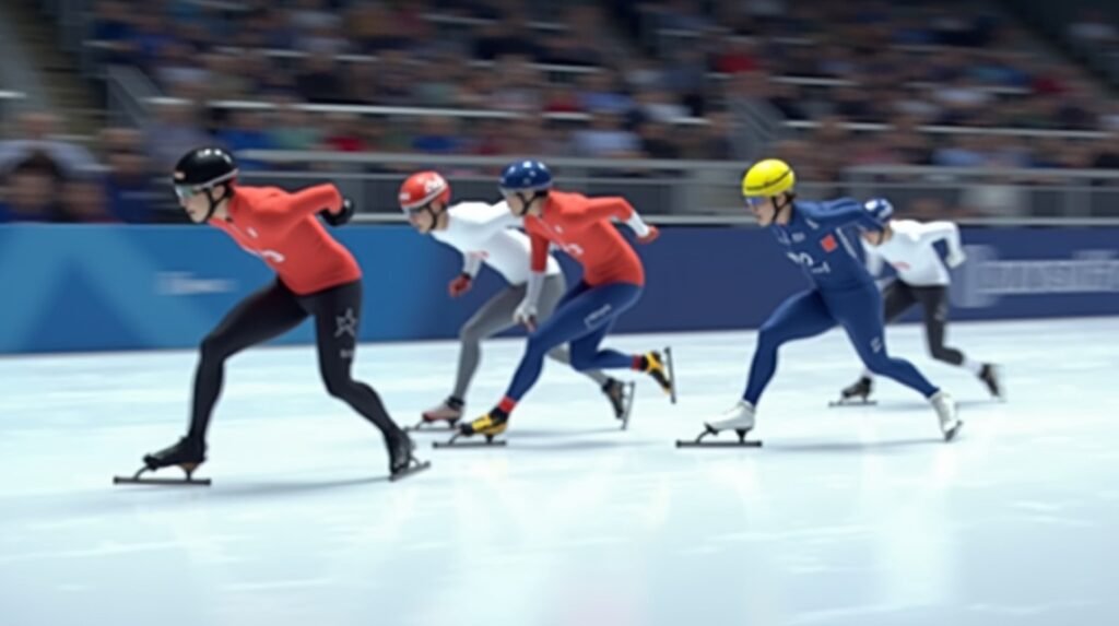 Gyorskorcsolya verseny, sportolók a jégen 1994-es olimpiai emlékeivel.