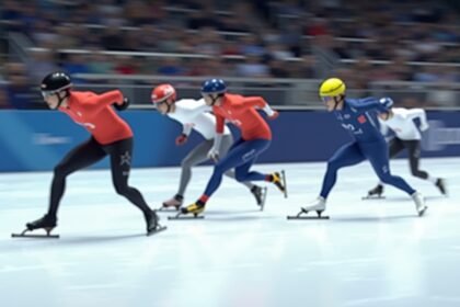 Gyorskorcsolya verseny, sportolók a jégen 1994-es olimpiai emlékeivel.