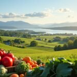 Friss zöldségek, gyümölcsök és a Mjøsa-tó régió gyönyörű tája.