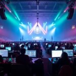 Jelenet a The Gathering számítógépes partin, sok résztvevővel és színpaddal.