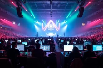 Jelenet a The Gathering számítógépes partin, sok résztvevővel és színpaddal.