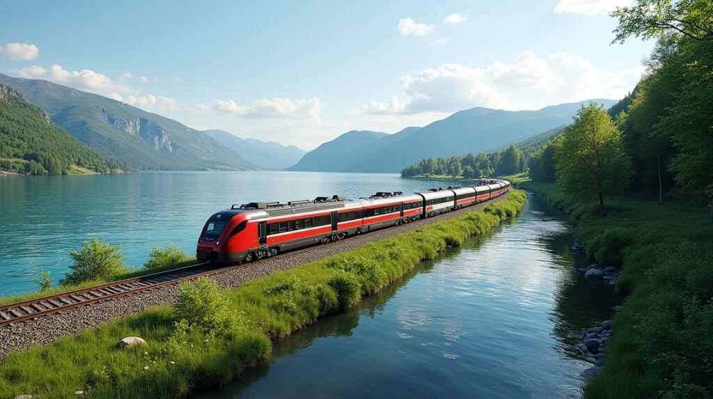 Vonat a festői tópart mellett Norvégiában, természetes tájban.