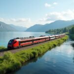 Vonat a festői tópart mellett Norvégiában, természetes tájban.