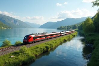 Vonat a festői tópart mellett Norvégiában, természetes tájban.