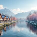 Harmónikus táj Norvégiában, színes fák és hegyek mellett.